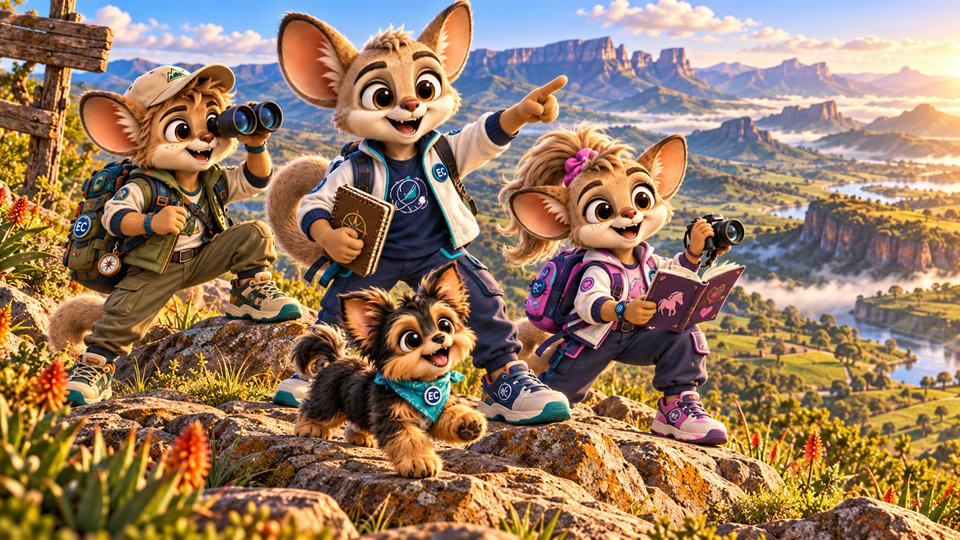 Max and his friends look out across a Southern African landscape