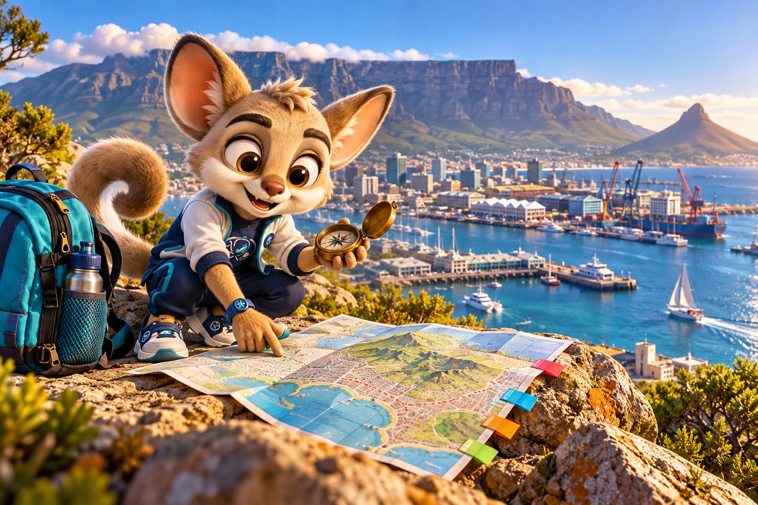 Max uses a map and compass above Cape Town harbour