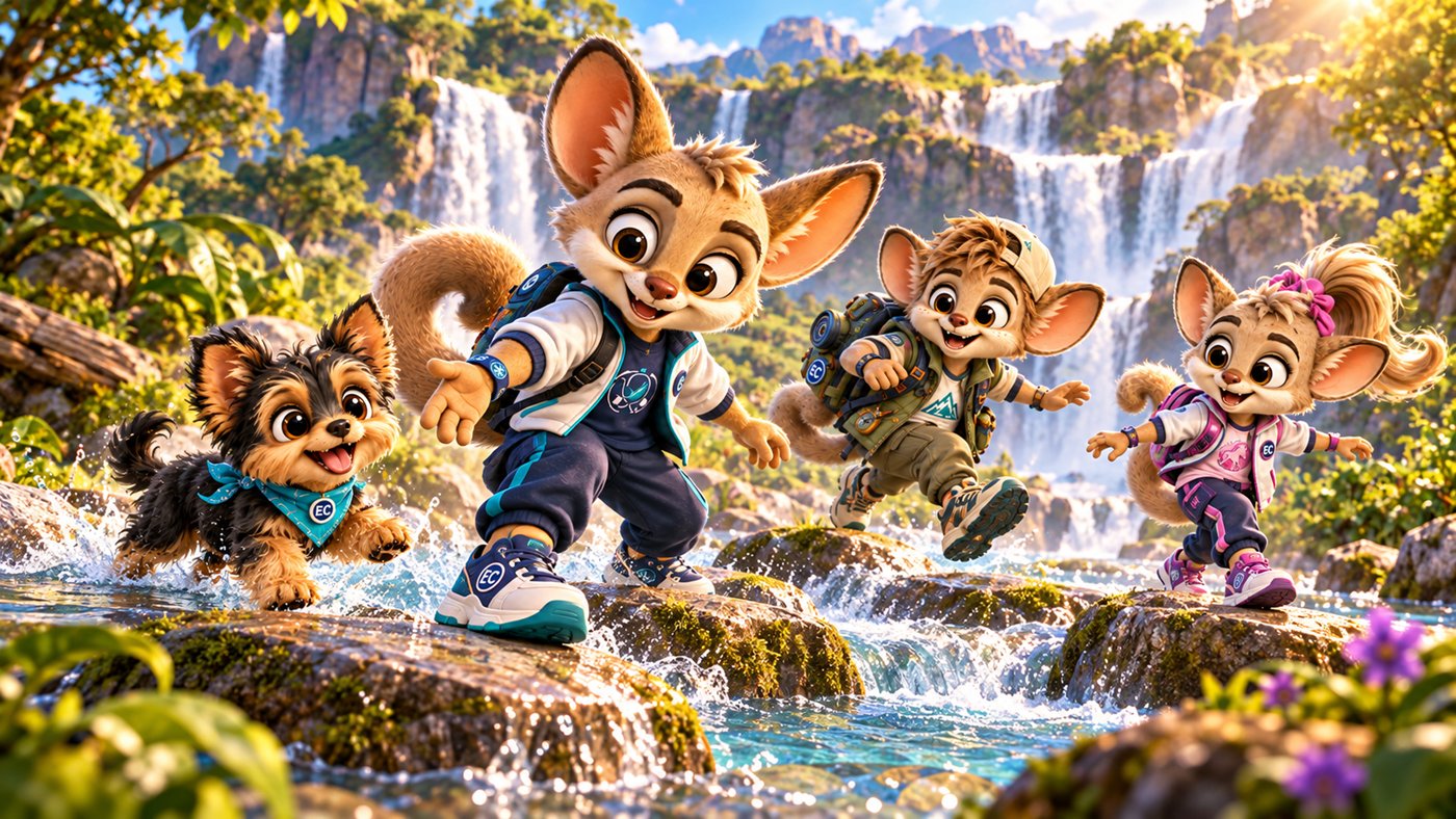 Max and his friends cross stepping stones beside a waterfall